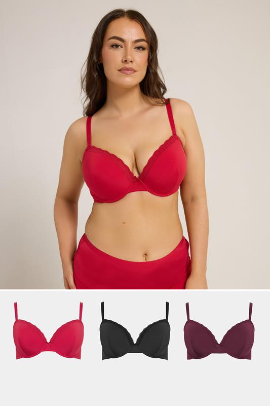 YOURSET 3 PACK Plus Size Red & Purple Lace Trim Padded Bras | Yours Clothing 1