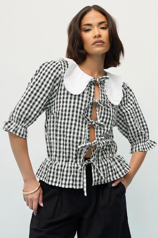 PixieGirl Petite Black Gingham Tie Front Collar Cotton Peplum Top