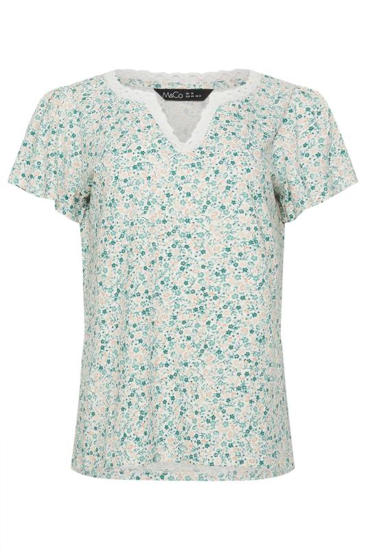 M&Co Green Floral Print Lace Trim T-Shirt | M&Co 5
