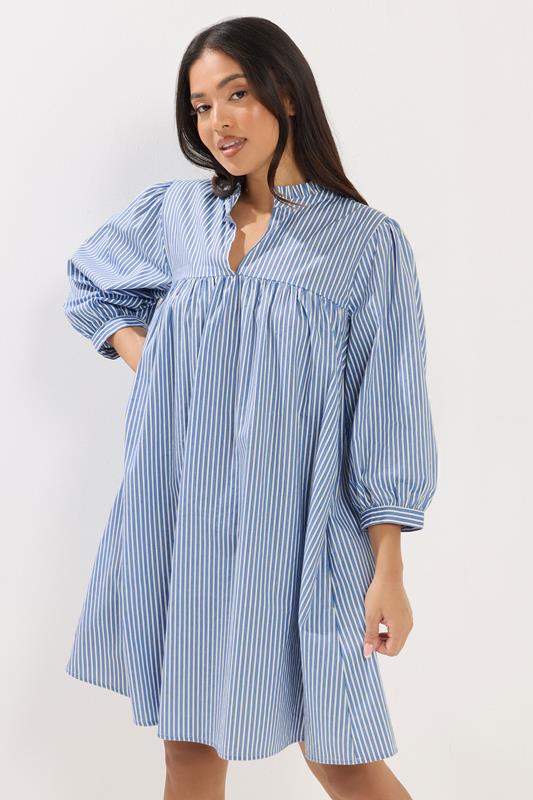 PixieGirl Petite Women's Blue Stripe Smock Cotton Dress | PixieGirl 1