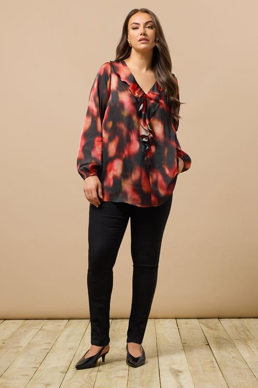 EVANS Plus Size Black Abstract Print Frill Detail Blouse | Evans 1
