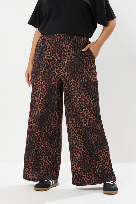 YOURS Plus Size Brown Leopard Print Crinkle Wide Leg Trousers | Yours Clothing 1