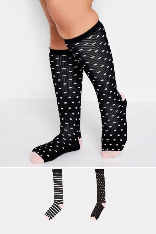 Plus Size  YOURS 2 PACK Black Stripe & Spot Print Welly Socks