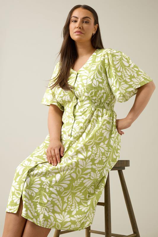 EVANS Plus Size Chartreuse Green Leaf Print Midi Dress | Evans  5