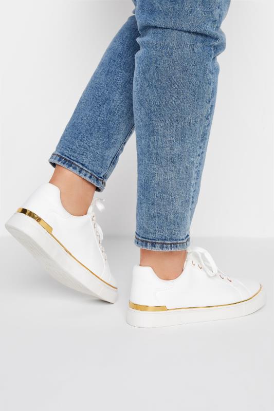 Plus Size  Yours White & Gold Hardware Trainers In Extra Wide EEE Fit