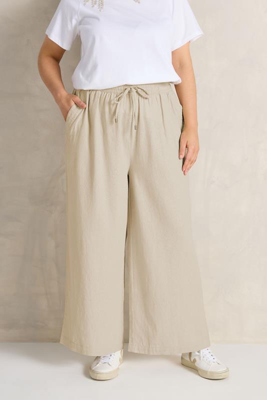 EVANS Curve Natural Brown Wide Leg Premium Linen Trousers