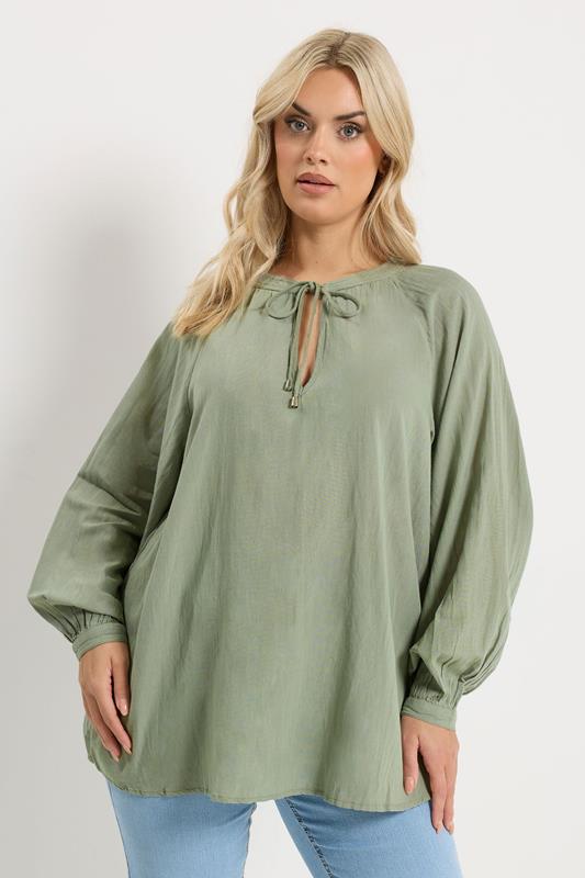 YOURS Curve Sage Green Tie Neck Top