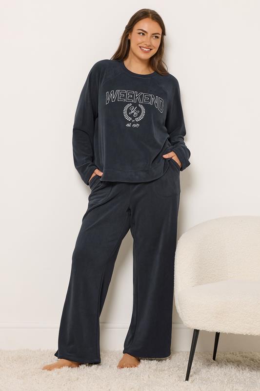 YOURS Plus Size Navy Blue Wide Leg Fleece Trousers | Yours Clothing 1