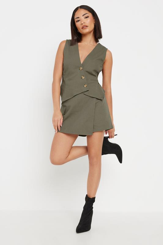 PixieGirl Petite Women's Khaki Green Asymmetric Button Cotton Waistcoat | PixieGirl 4