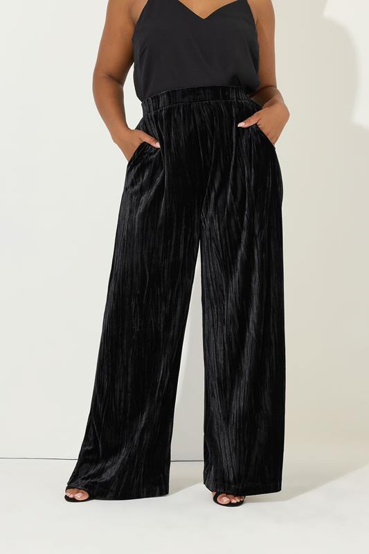 YOURS Curve Black Crushed Velour Wide Leg Trousers