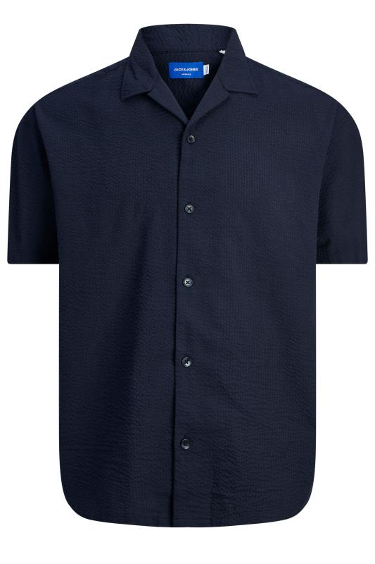 JACK & JONES Big & Tall Dark Blue Stripe Revere Collar Seersucker Shirt | BadRhino 1