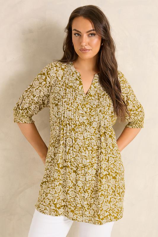 EVANS Plus Size Green Floral Pintuck Blouse | Evans 1