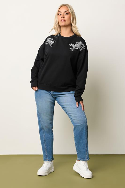 YOURS Plus Size Black Embroidered Sweatshirt | Yours Clothing 1