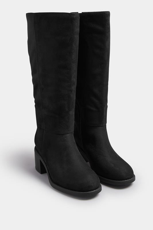 Black Faux Suede Block Heel Knee High Boots In Wide E Fit & Extra Wide EEE Fit