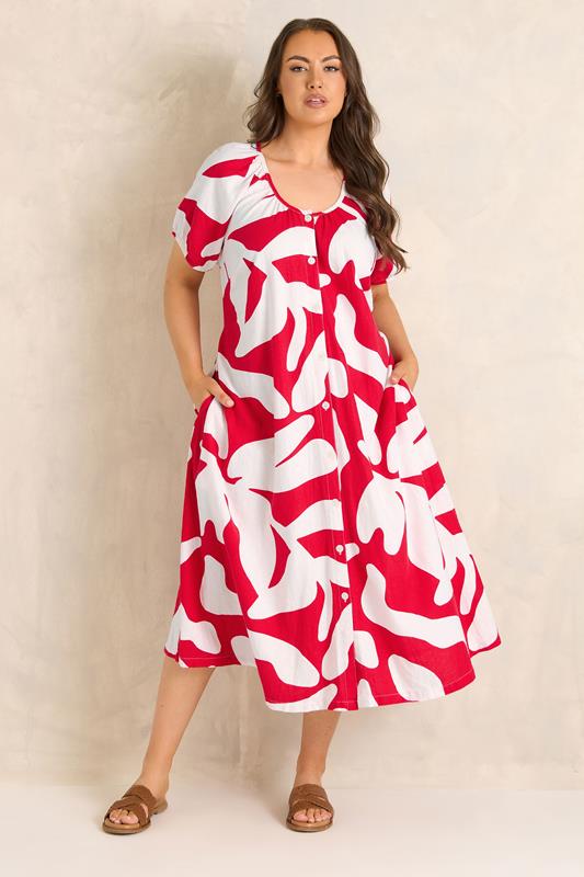 EVANS Plus Size Red Premium Linen Abstract Print Maxi Dress | Evans 1