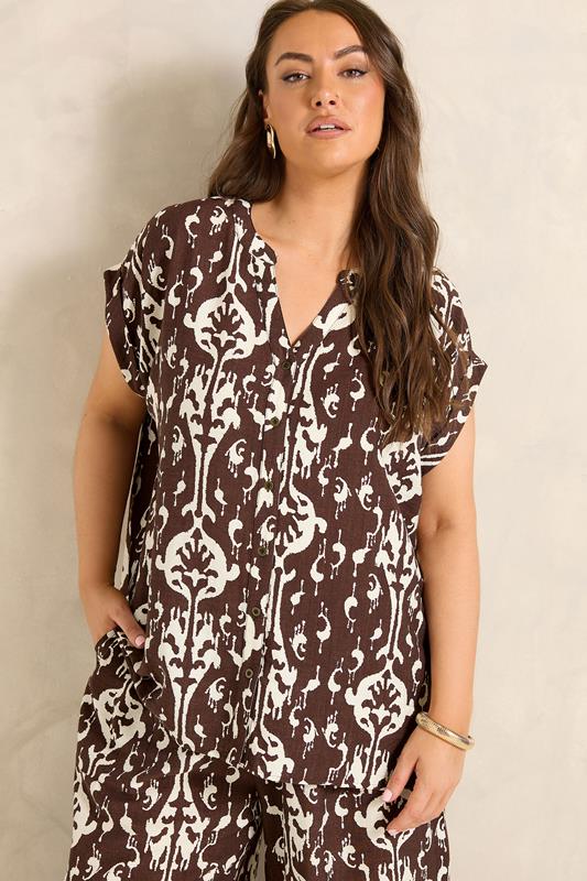 EVANS Plus Size Chocolate Brown Abstract Shirt | Evans 1
