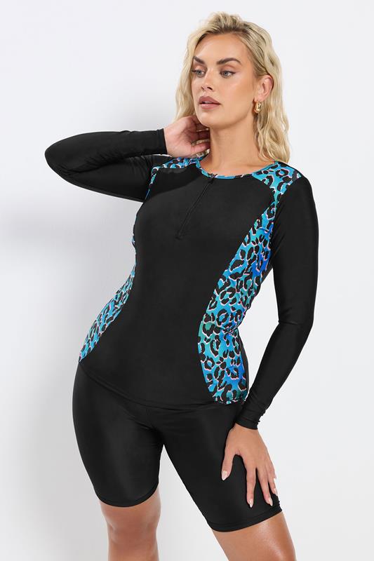 YOURS Plus Size Black & Blue Leopard Print Swim Top | Yours Clothing 2