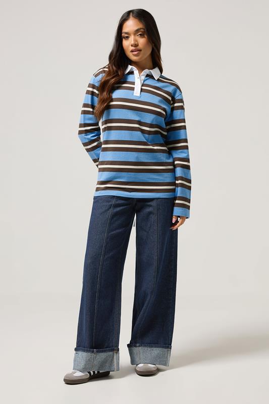 PixieGirl Petite Women's Brown & Blue Striped Cotton Rugby T-Shirt | PixieGirl 1