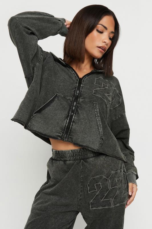 PixieGirl Petite Grey Acid Wash Cotton Cropped Hoodie