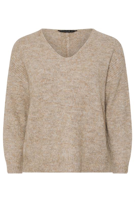 EVANS Plus Size Natural Brown Knitted V-Neck Jumper | Evans  7