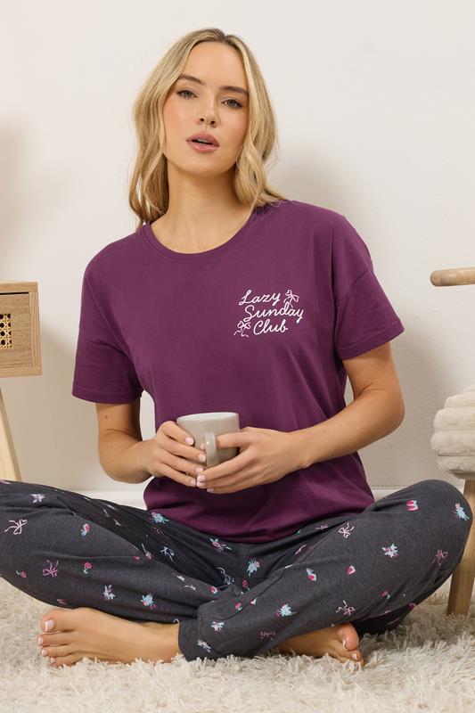 LTS Tall Woman's Burgundy Red 'Sunday Club' Slogan Cotton Pyjama Set | Long Tall Sally 4