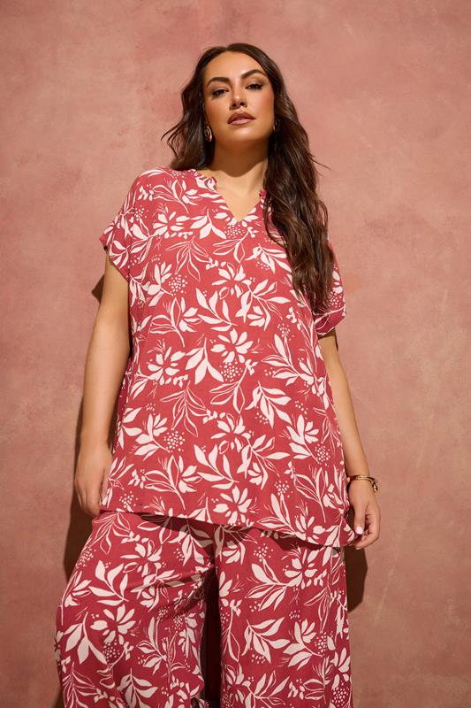 EVANS Plus Size Orange Leaf Print Notch Neck Blouse | Evans 1
