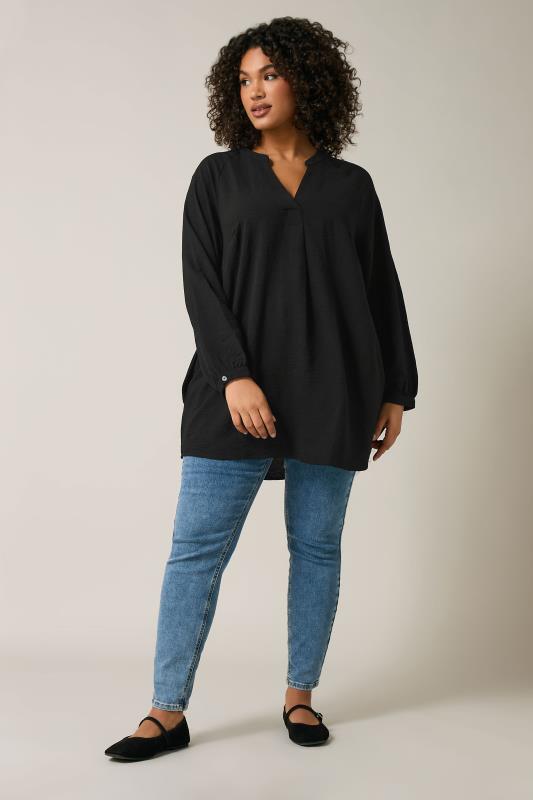 EVANS Plus Size Black Notch Neck Long Sleeve Blouse | Evans 1
