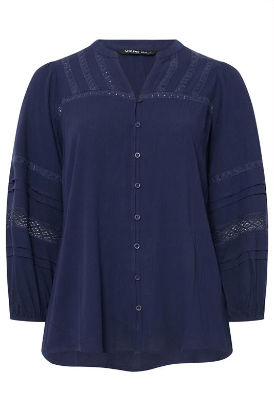 YOURS Curve Navy Blue Notch Neck Crochet Blouse | Yours Clothing  5