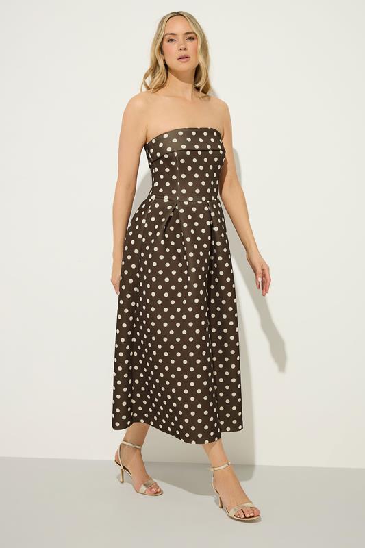 LTS Tall Chocolate Brown Bandeau Polka Dot Pleated Midi Dress
