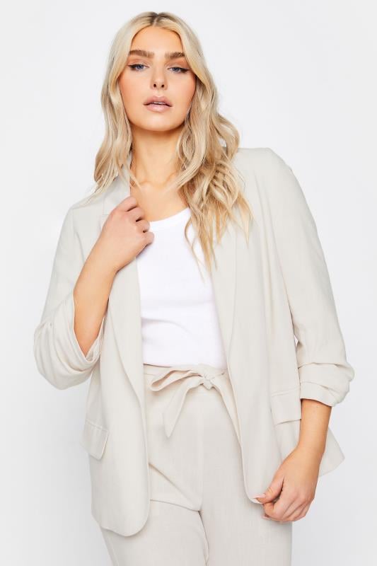 M&Co Ivory White Ruched Sleeve Linen Blazer | M&Co 1