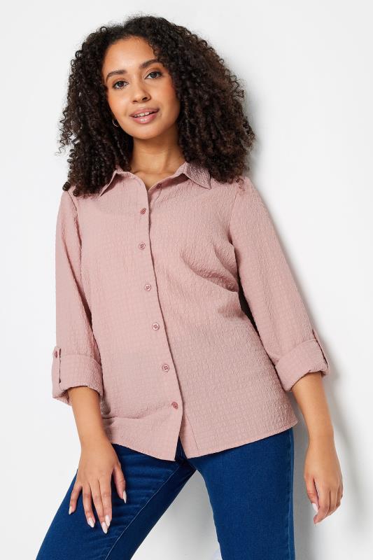 Women's  M&Co Petite Pink Textured Tab Sleeve Shirt