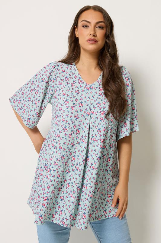YOURS Plus Size Blue Ditsy Floral Textured Pleat Front Top | Yours Clothing 1