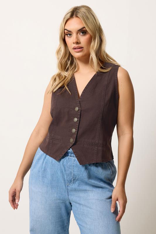 YOURS Curve Chocolate Brown Denim Waistcoat