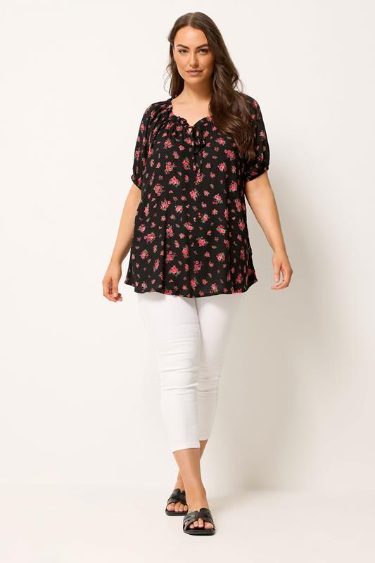 YOURS Plus Size Black Ditsy Floral Bardot Top | Yours Clothing 1