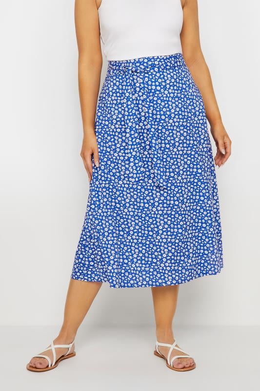 Women's  M&Co Blue Ditsy Floral Print Belted Midi Skirt