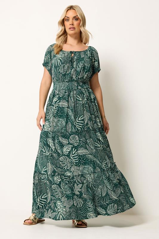 YOURS Curve Green Leaf Tie Neck Bardot Maxi Dress