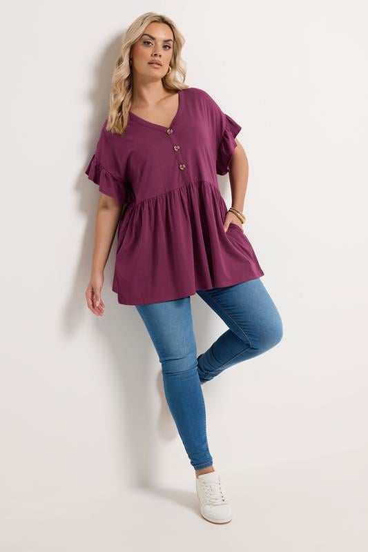 YOURS Plus Size Purple Peplum Button Top | Yours Clothing 1