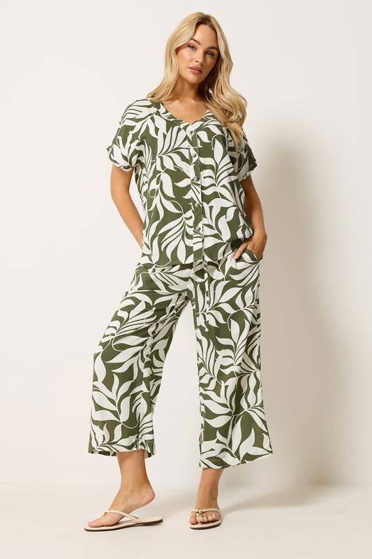  M&Co Khaki Green Leaf Print Blouse and Trousers Set