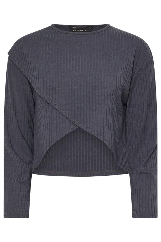 PixieGirl Petite Women's Grey Cross Over Long Sleeve Ribbed Top | PixieGirl 5