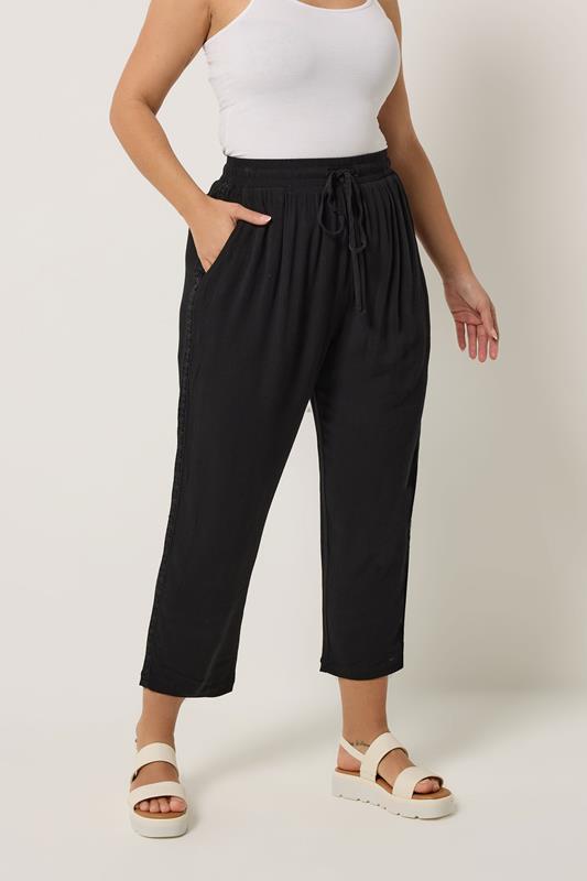 YOURS Curve Black Crochet Side Crop Trousers