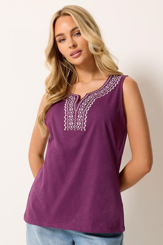  M&Co Berry Purple Embroidered Cotton Vest Top