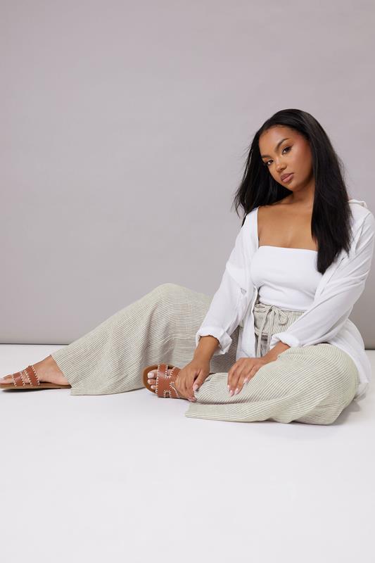 YOURS Plus Size White Striped Linen Tie Front Trousers | Yours Clothing 4