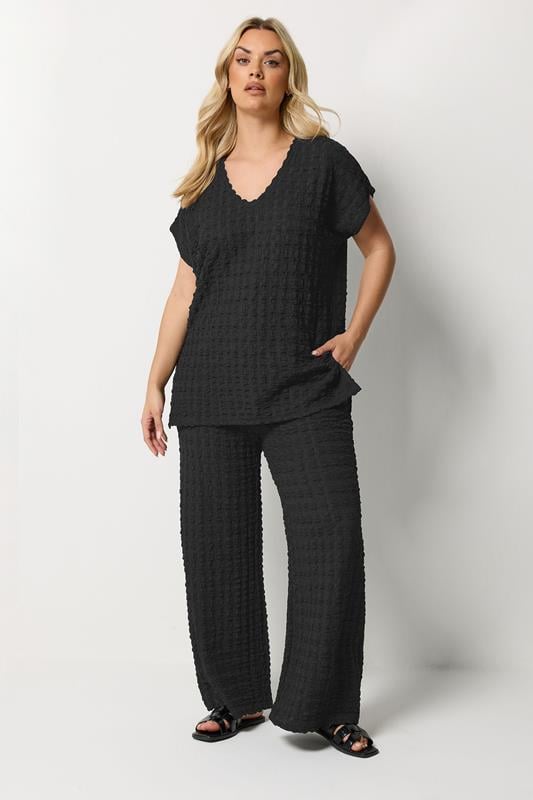 YOURS Curve Black Set Bubble Textured Top & Trousers