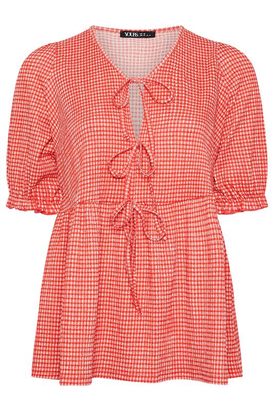 YOURS Plus Size Red Gingham Bow Tie Front Peplum Top | Yours Clothing 5