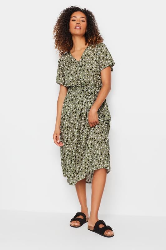 M&Co Khaki Green Spot Print Half Placket Dress | M&Co 1