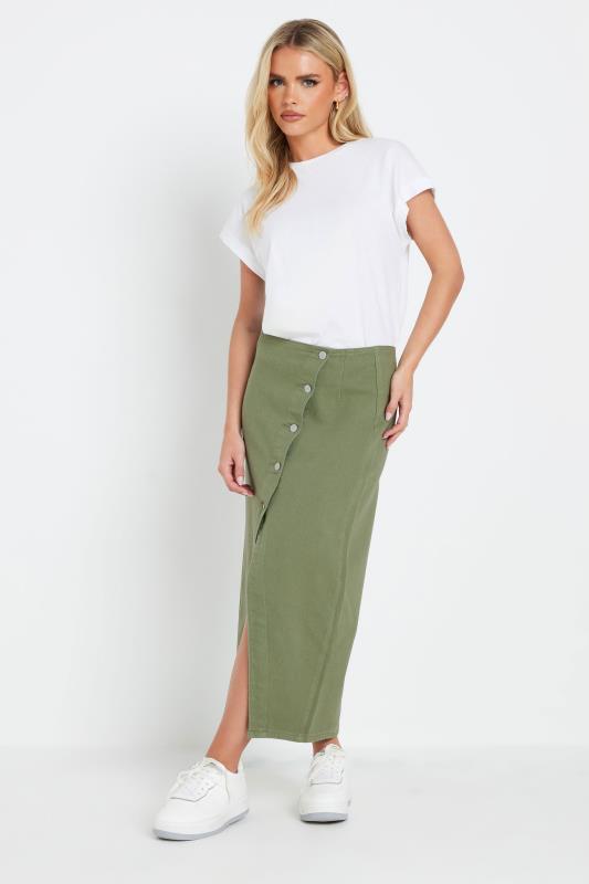 PixieGirl Petite Women's Khaki Green Denim Asymmetric Button Midi Skirt | PixieGirl 1