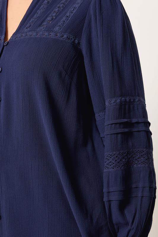 YOURS Curve Navy Blue Notch Neck Crochet Blouse | Yours Clothing  4