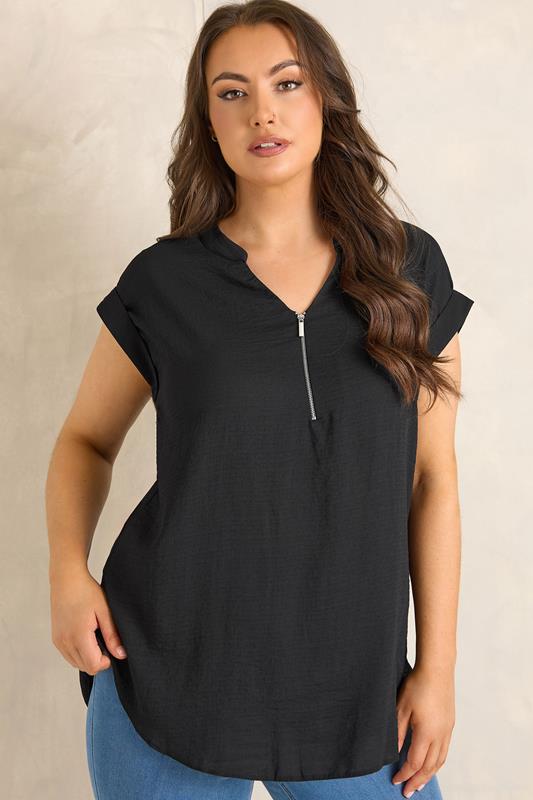 EVANS Curve Black Zip Front Blouse