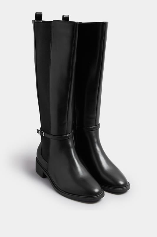 Black Faux Leather Buckle Knee High Riding Boots In Extra Wide EEE Fit