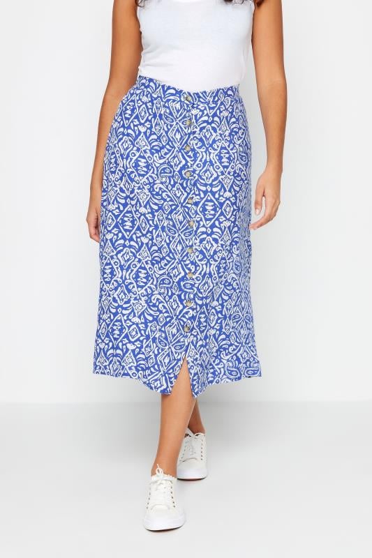 Women's  M&Co Blue & White Linen Tile Print Midi Skirt